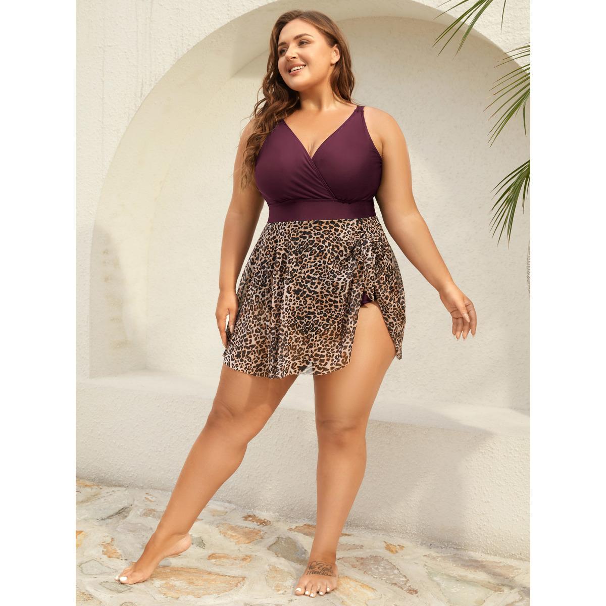 Plus Size Leopard Print Knotted Surplice Swim Dress Women's Swimwear Plum Beach Bodycon Overlap Collar High stretch Curve Swim Dresses BloomChic 28/5X Product Image