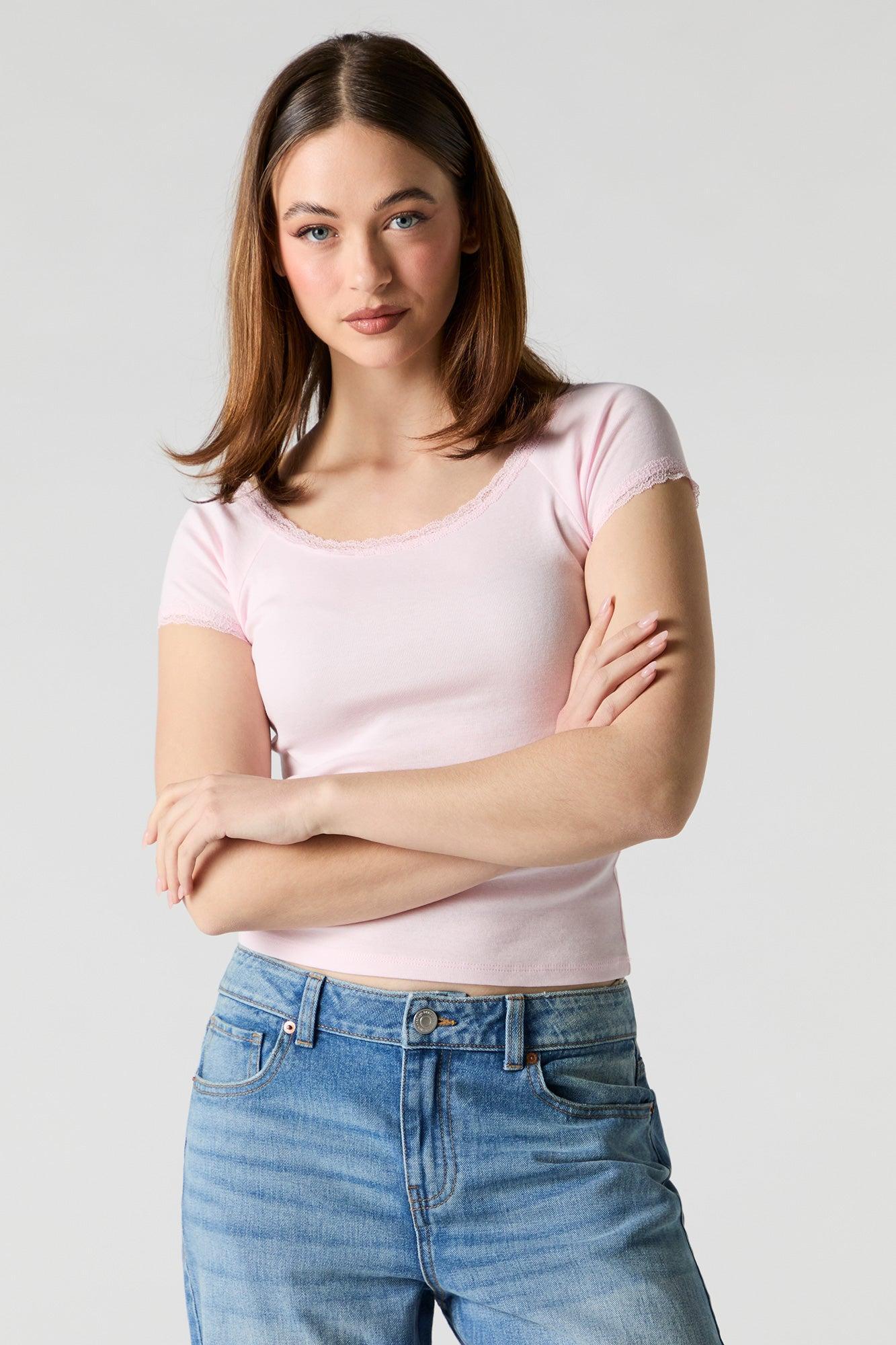 Scoop Neck Lace Trim T-Shirt Female Product Image