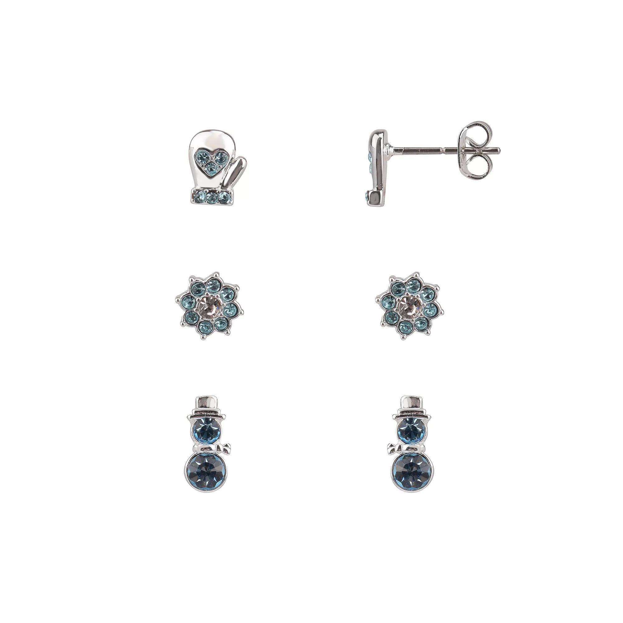 FAO Schwarz Silver Tone Crystal Snowman & Mittens Trio Stud Earrings Set, Womens, Blue Product Image
