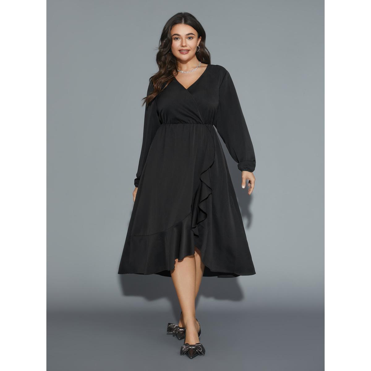 Plus Size Plain Overlap Collar Ruffle Trim Dress Black Women Elegant Overlapping Overlap Collar Long Sleeve Curvy BloomChic 22-24/3X Product Image