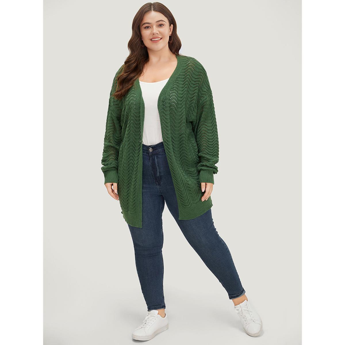 Plus Size Plain Open Front Split Side Cardigan Green Women Casual Loose Long Sleeve Everyday Cardigans BloomChic 18-20/2X Product Image