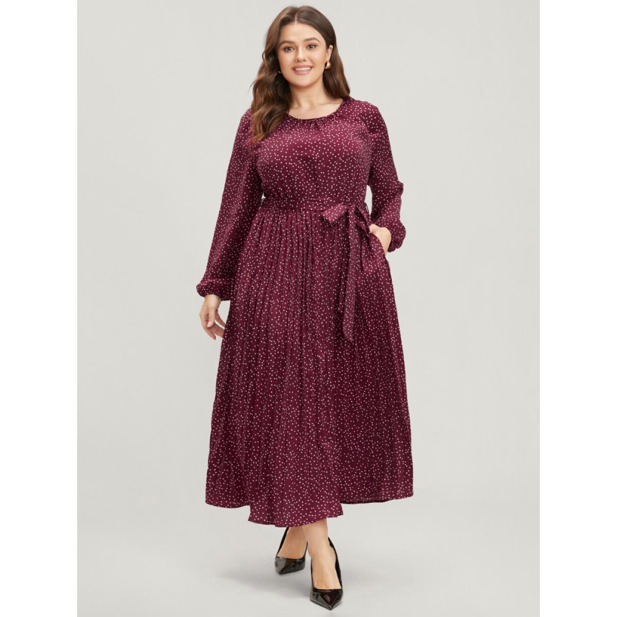 Plus Size Polka Dot Lantern Sleeve Pocket Belted Pleated Dress Purple Women Elegant Gathered Round Neck Long Sleeve Curvy Long Dress BloomChic 30/6X Product Image