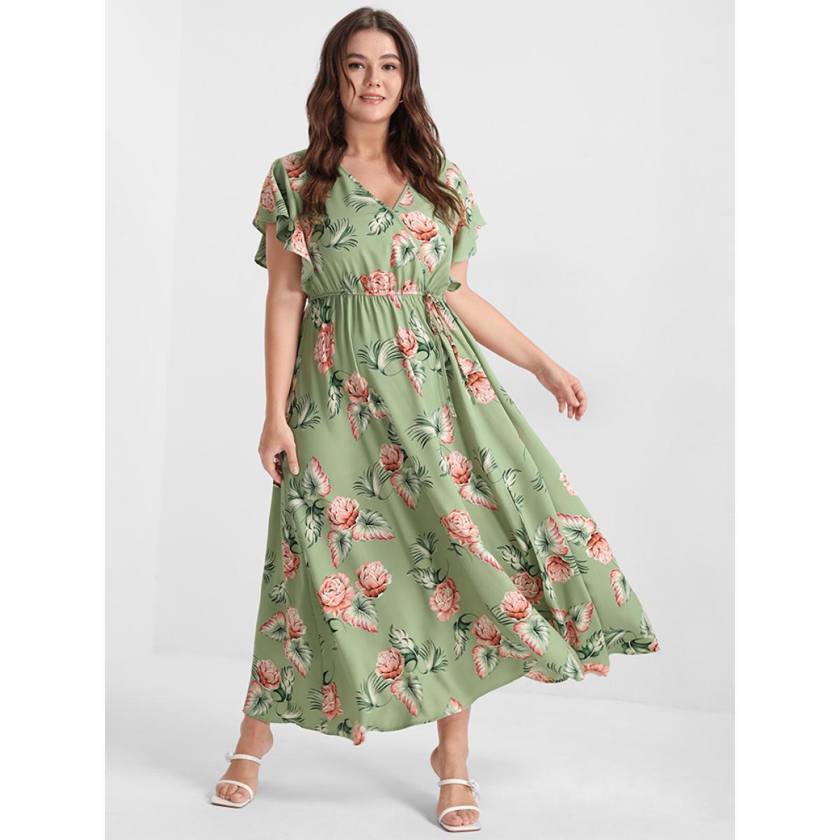 Plus Size Floral Ruffles Raglan Sleeve Ties Wrap Midi Dress LightGreen Women Elegant Printed V-neck Short sleeve Curvy Midi Dress BloomChic 10/M Product Image