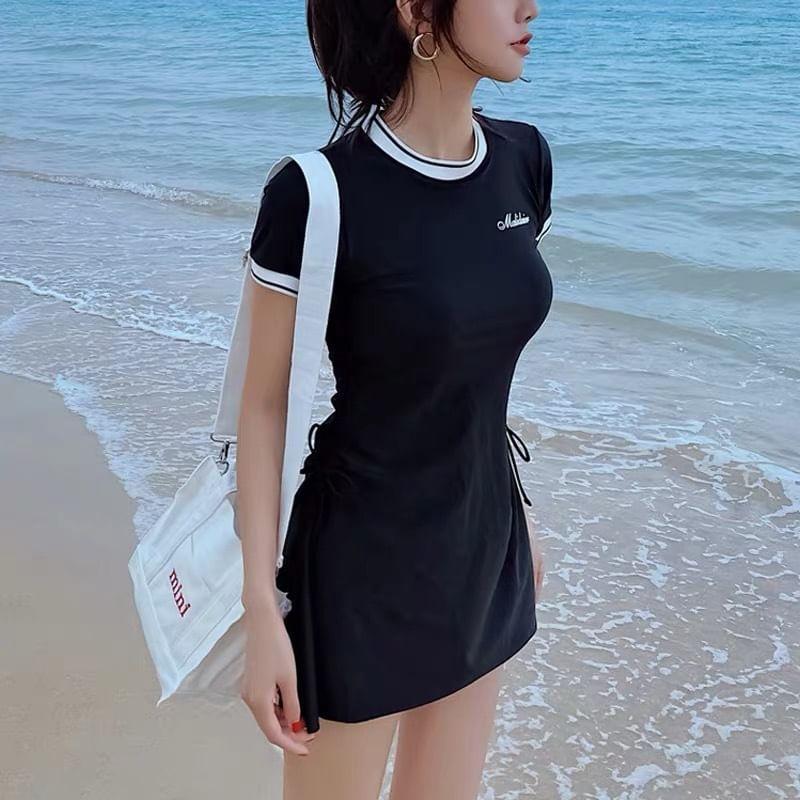 Short Sleeve Round Neck Lettering Print Striped Drawstring Swimdress Product Image