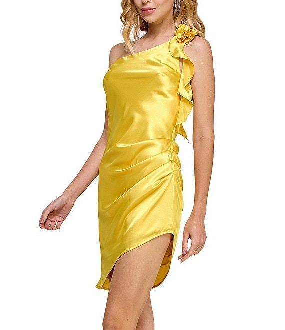 Morgan & Co. One Shoulder Charmeuse With Rosette & Ruffle Detail Dress Product Image