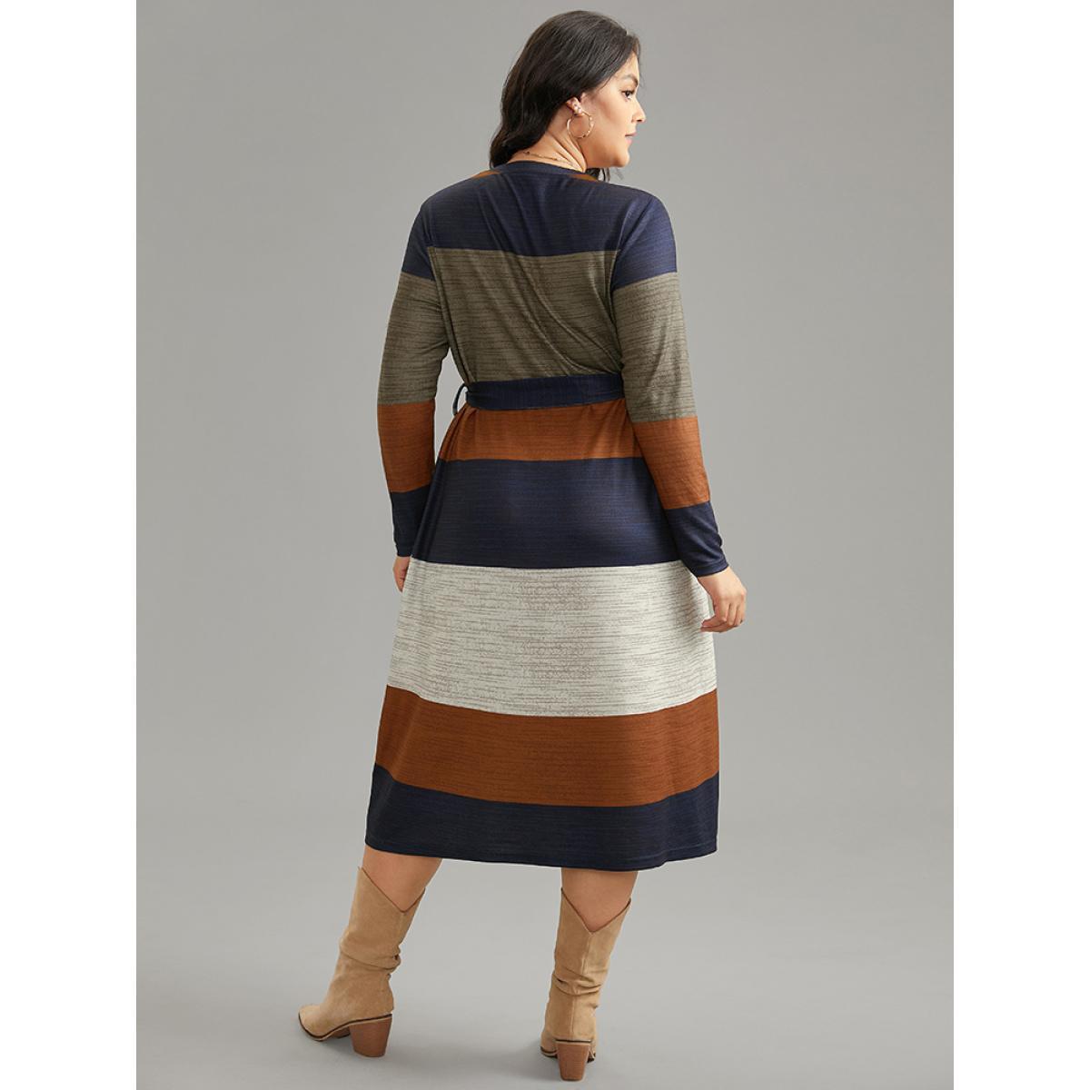 Plus Size Colorblock Contrast Heather Belted Dress Multicolor Women Casual Non Round Neck Long Sleeve Curvy Midi Dress BloomChic 22-24/3X Product Image