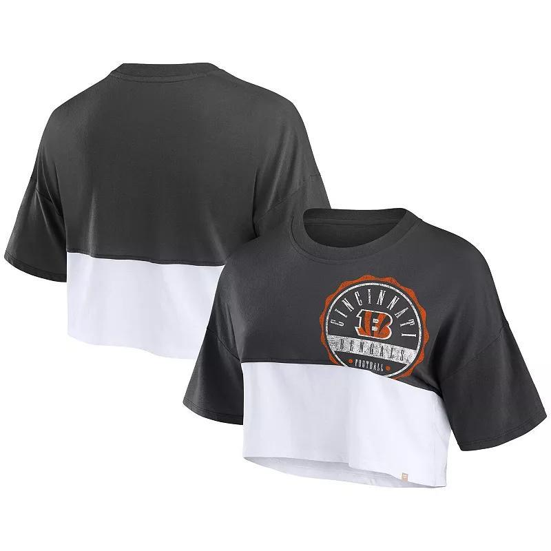 Women's Fanatics Branded Black/White Cincinnati Bengals Boxy Color Split Cropped T-Shirt, Size: Large Product Image