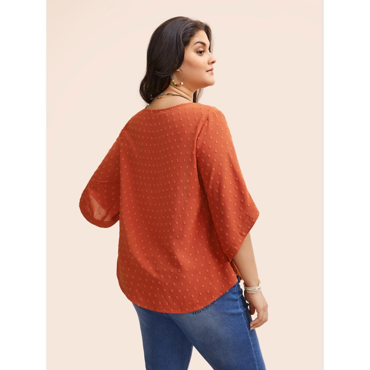 Plus Size OrangeRed Textured Round Neck Bell Sleeve Blouse Women Elegant Elbow-length sleeve Round Neck Everyday Blouses BloomChic 22-24/3X Product Image