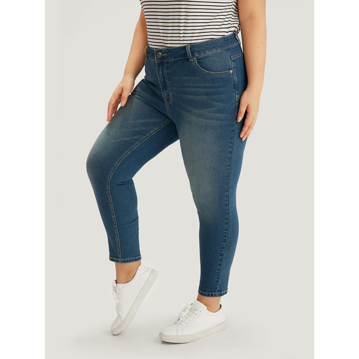 Plus Size Zipper Fly Skinny Medium Wash Jeans Women Cerulean Casual Plain Plain High stretch Pocket Jeans BloomChic 22/3X Product Image