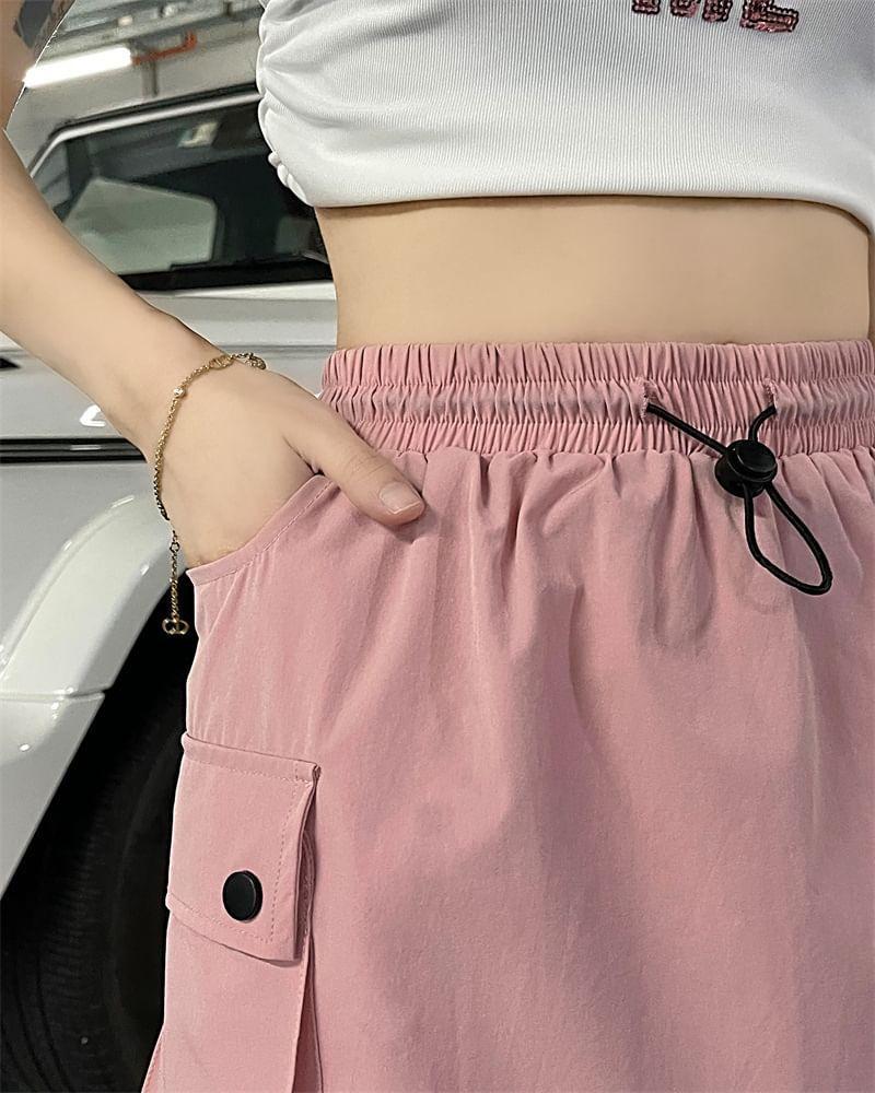 Drawstring Waist Plain Mini A-Line Cargo Skirt Product Image