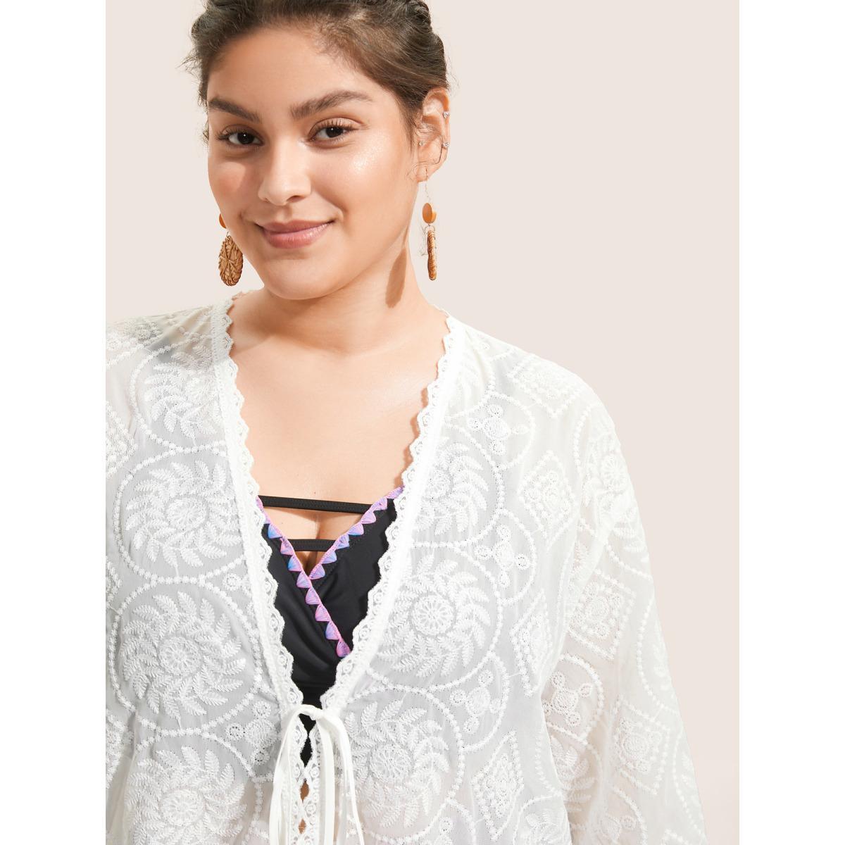 Plus Size Mesh Embroidered Lace Patchwork Ties Kimono Women White Resort Non Vacation Kimonos BloomChic 22-24/3X Product Image