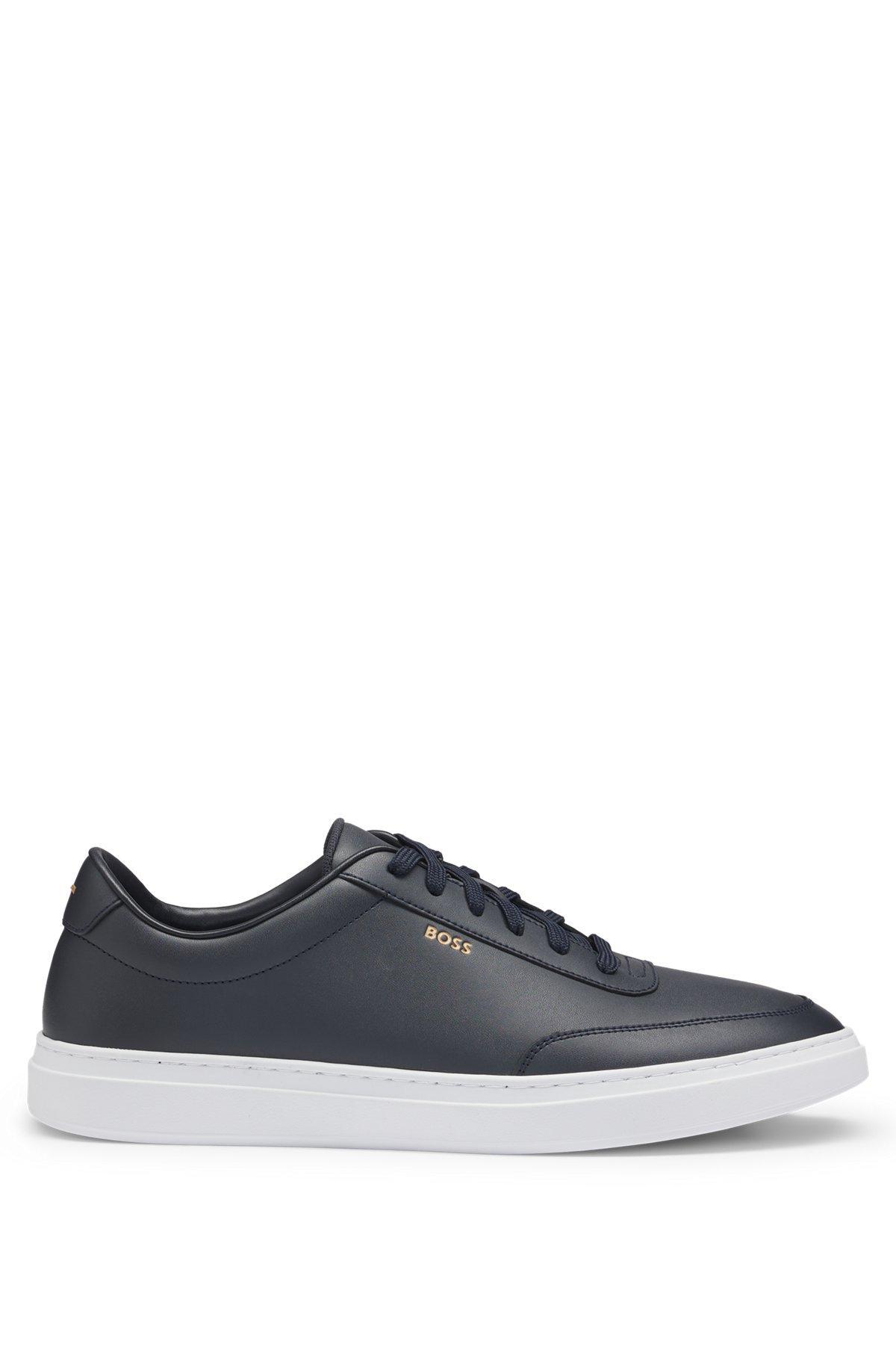 BOSS - Coated-leather trainers with gold-tone logo - Dark Blue Product Image