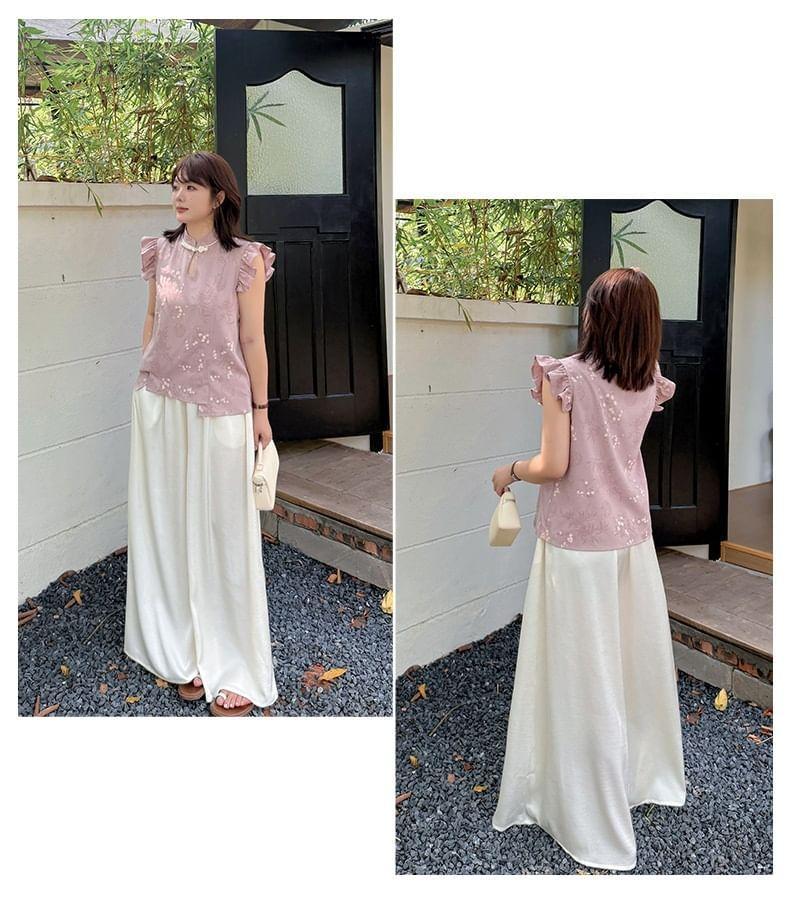 Plus Size Cap-Sleeve Stand Collar Floral Print Cutout Frog Buttoned Blouse Product Image