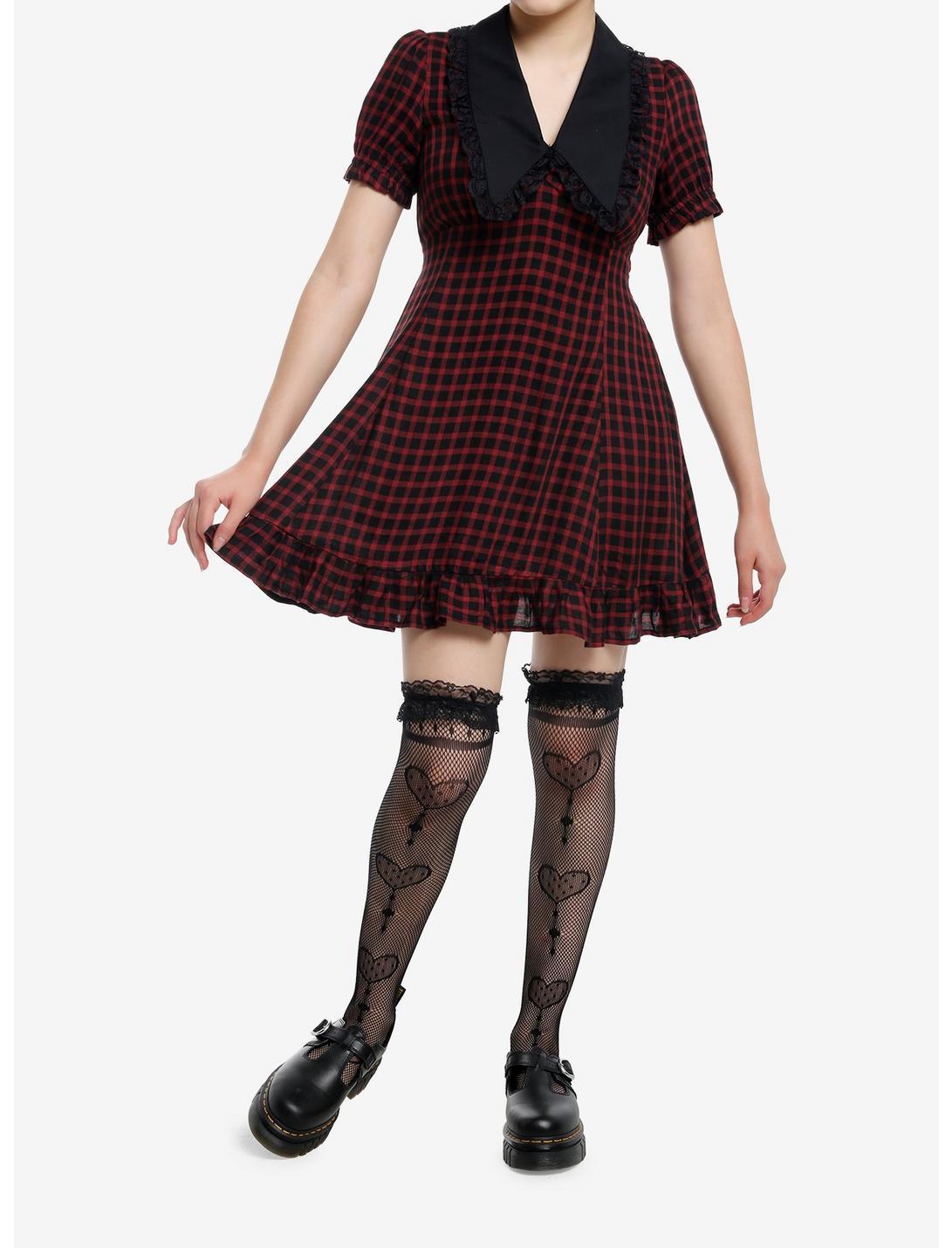 Sweet Society Red & Black Checkered Bib Collar Mini Dress Product Image