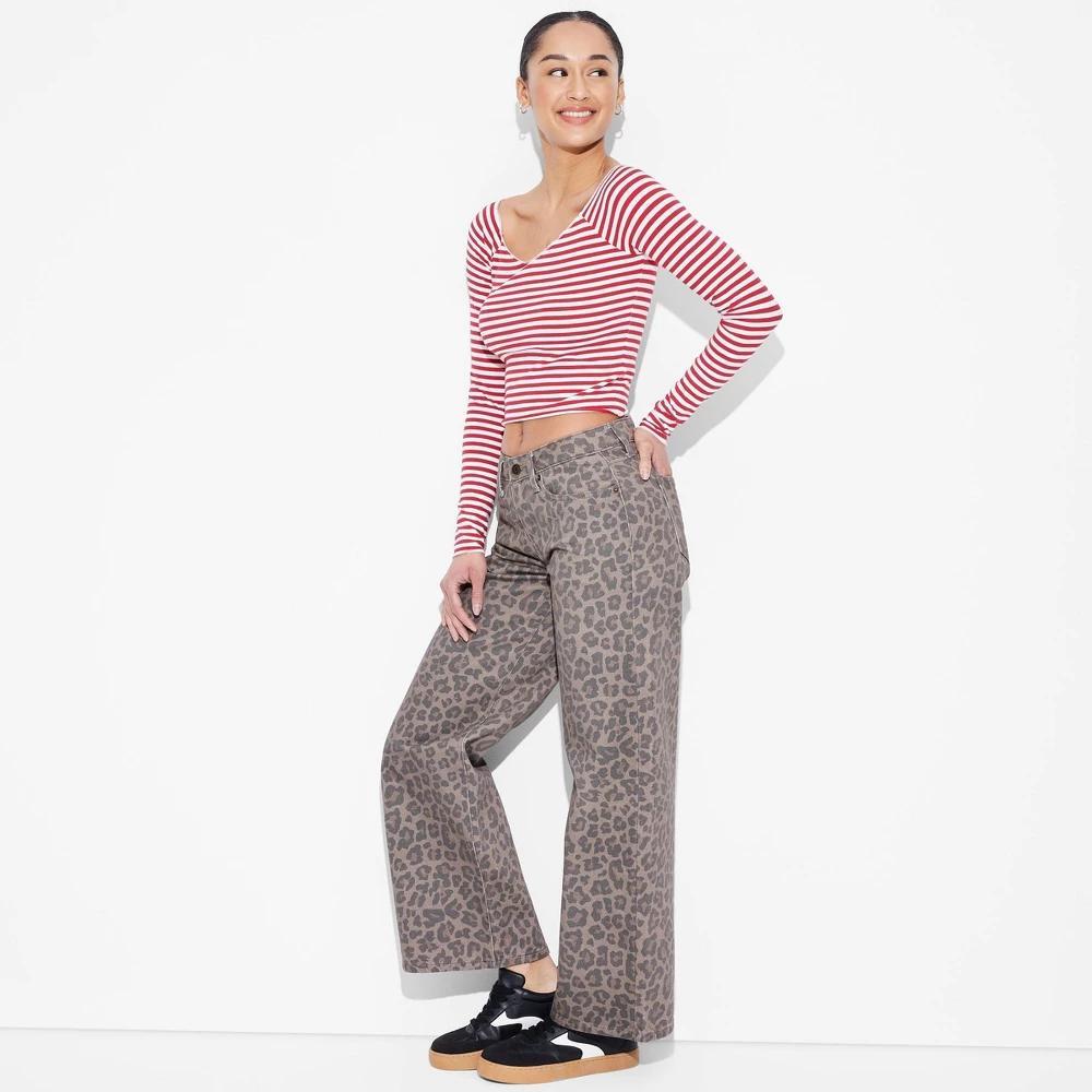 Women's Low-Rise Wide Leg Baggy Jeans - Wild Fable™ Leopard Print 00: Midweight , Easy Fit, 32" Inseam, Fly Button Closure Product Image