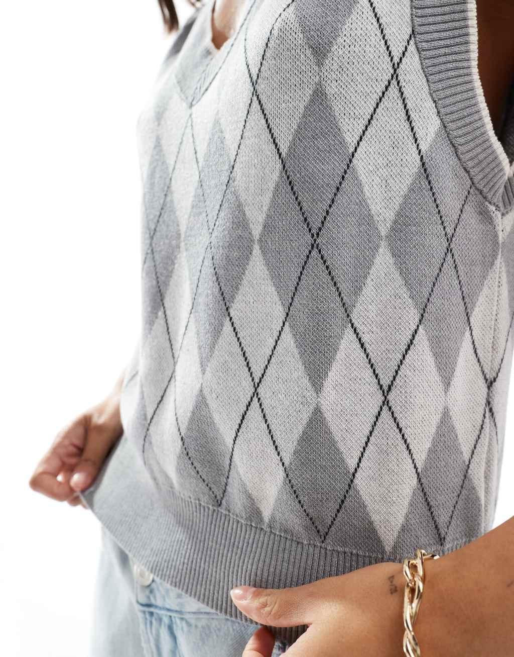 Stradivarius argyle knit sweater in gray Product Image