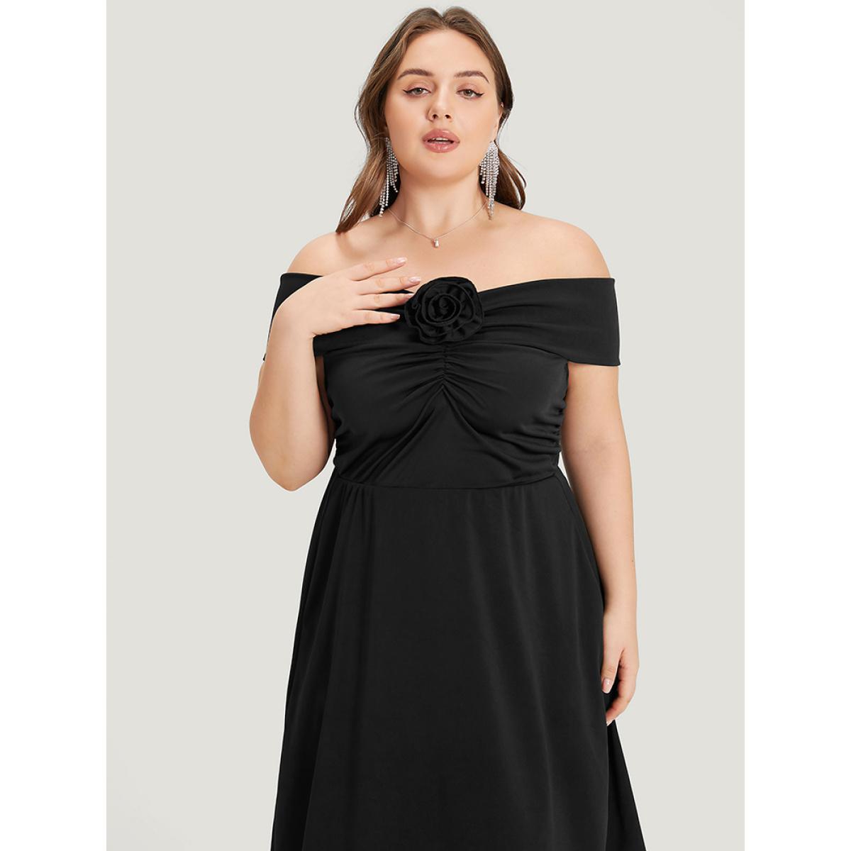 Plus Size Solid Pocket Floral Detail Ruched Off Shoulder Dress Black Women Glamour Gathered One-shoulder neck Sleeveless Curvy Midi Dress BloomChic 18-20/2X Product Image