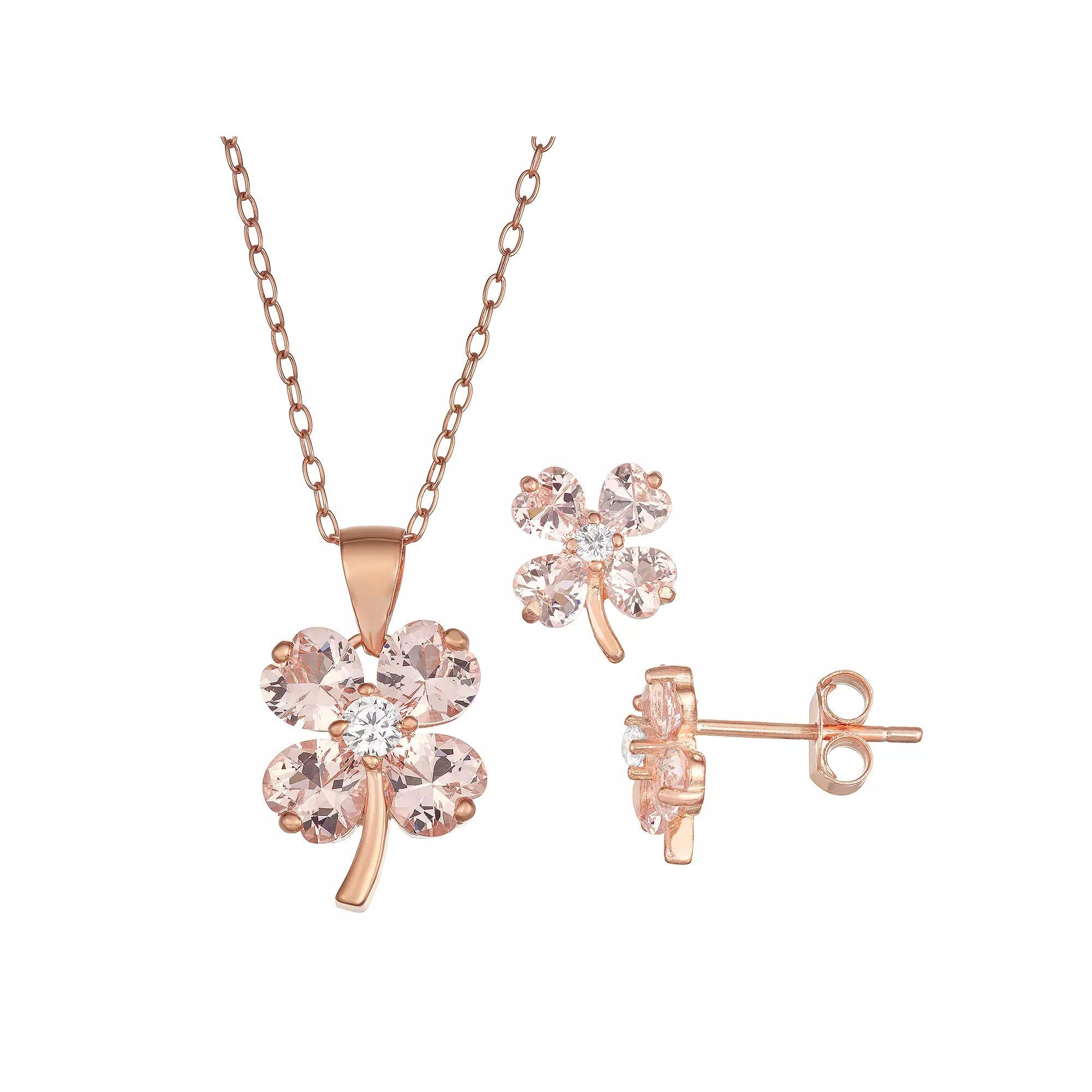 18k Rose Gold Over Silver Pink Crystal & Cubic Zirconia Clover Jewelry Set, Women's, Pink Tone Product Image