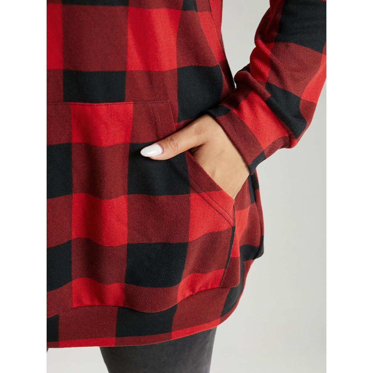 Plus Size Letter Plaid Hooded Drawstring Pocket Sweatshirt Women Red Casual Elastic cuffs Hooded Festival-Christmas Sweatshirts BloomChic 10/M Product Image