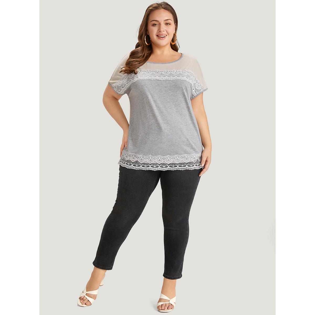 Plus Size Lace Panel Contrast Batwing Sleeve T-shirt Gray Women Elegant Contrast Plain Round Neck Dailywear T-shirts BloomChic 14-16/1X Product Image