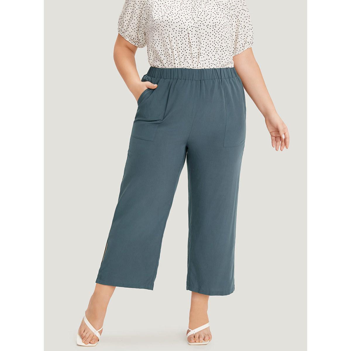 Plus Size Supersoft Essentials Solid Patched Pocket Split Side Pants Women Indigo Elegant Straight Leg High Rise Dailywear Pants BloomChic 10/M Product Image