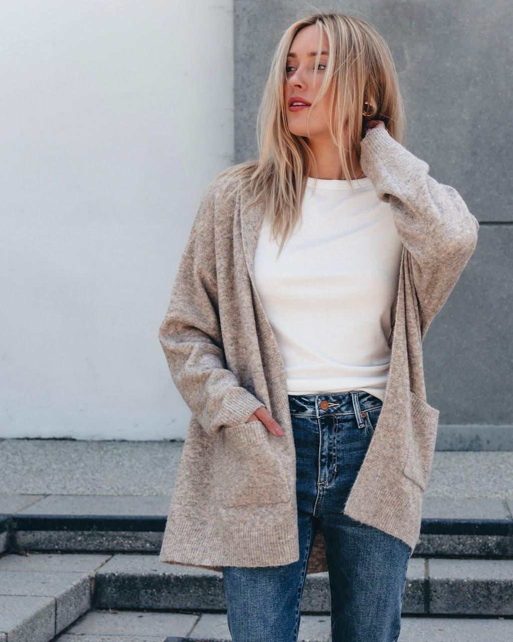 Taupe Hooded Sweater Cardigan - FINAL SALE Female Product Image