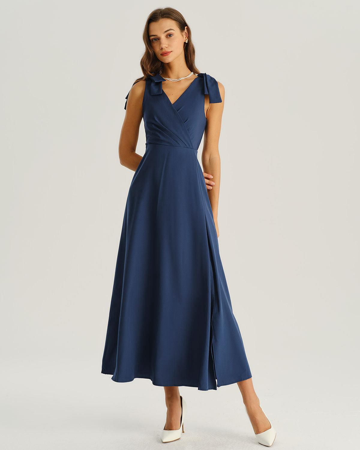 Navy Ruched Wrap A-Line Maxi Dress Product Image