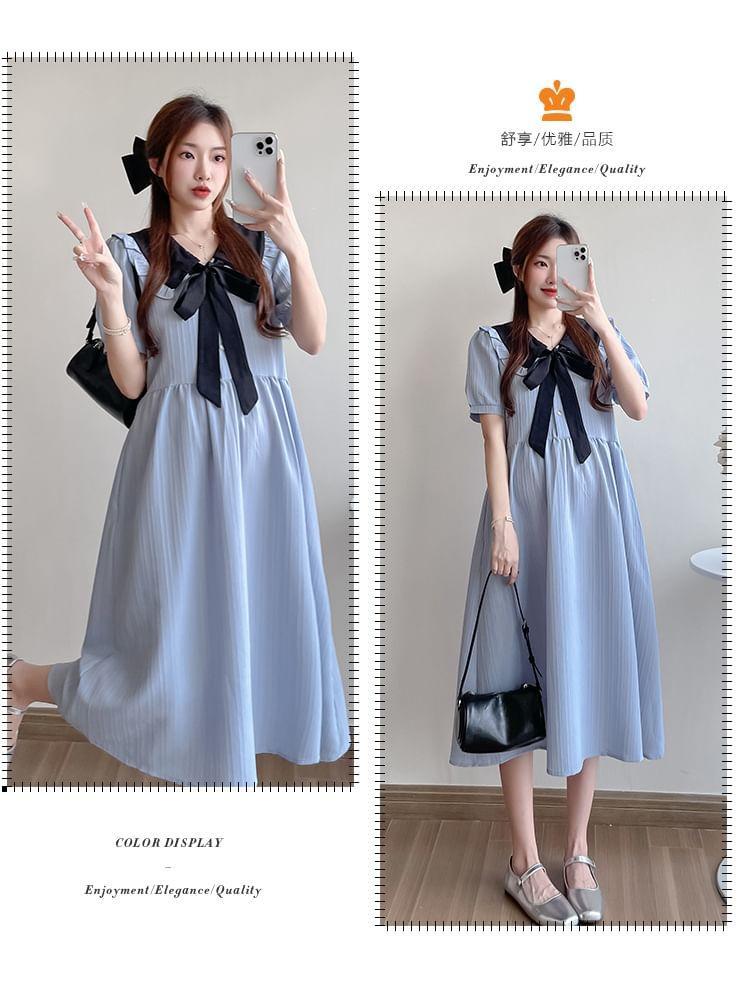 Maternity Short Sleeve Collared Two Tone Bowknot Midi A-Line Dress Product Image