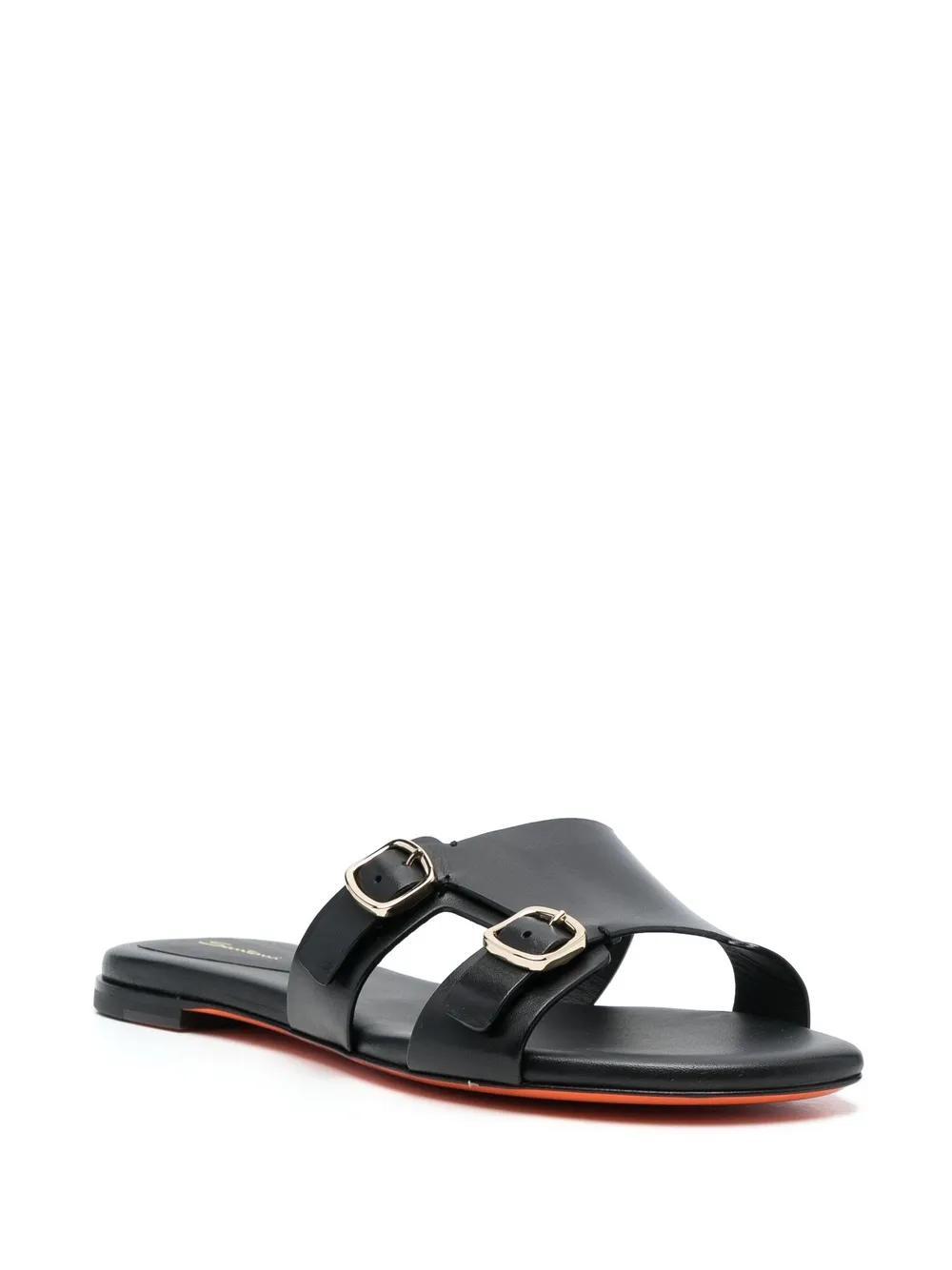 SANTONI Double-strap Flat Leather Sandals In Schwarz Product Image