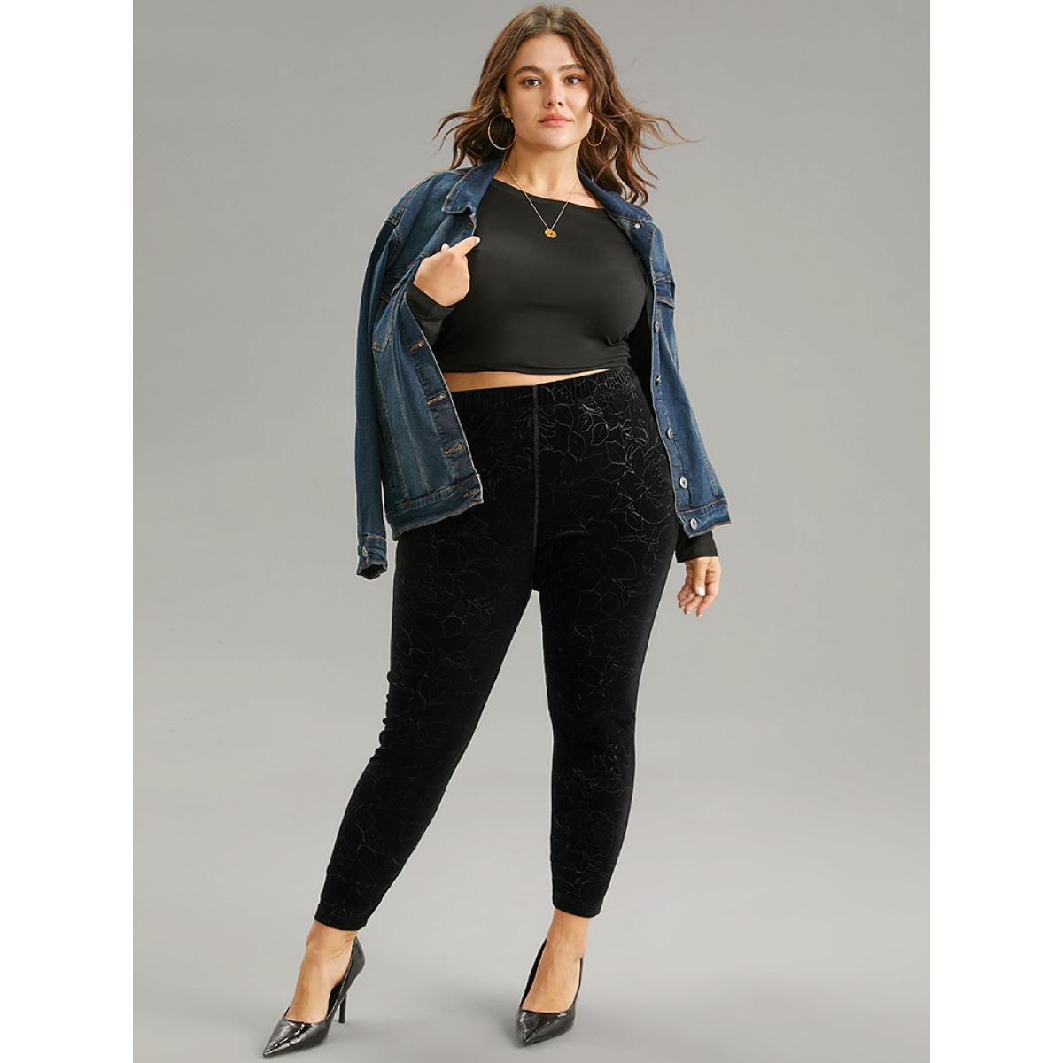 Plus Size Velvet Silhouette Floral Print High Rise Leggings Women Black Elegant High stretch Skinny High Rise Dailywear Leggings BloomChic 10/M Product Image