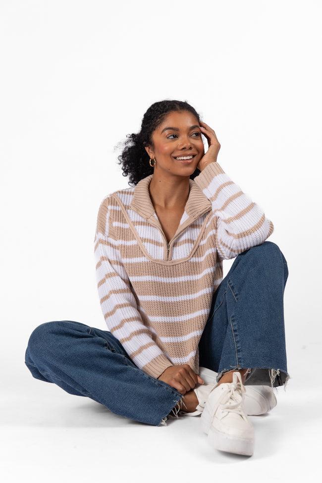 Worth Melting For Beige Striped Color Block Quarter Zip Pullover Sweater FINAL SALE Product Image