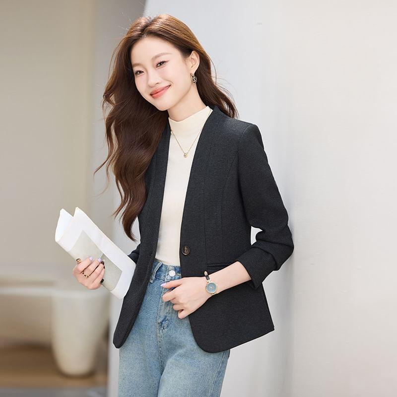 Collarless Plain Single Button Blazer Product Image