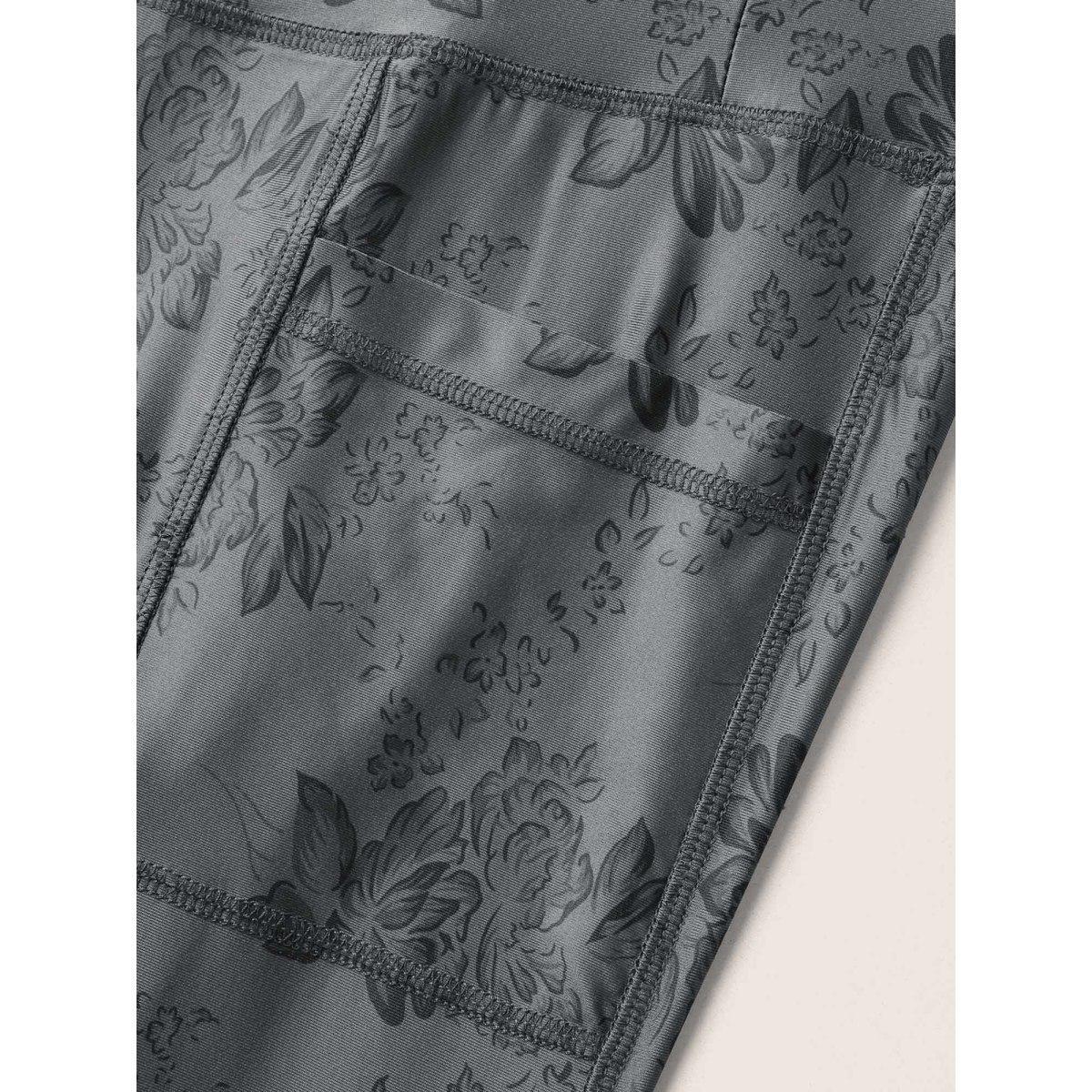 Plus Size Floral Print Elastic Waist Pocket Side Leggings Women DimGray Elegant High stretch High Rise Everyday Leggings BloomChic 26/4X Product Image