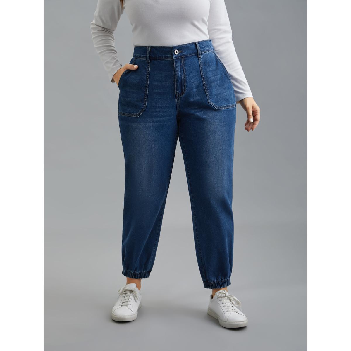 Plus Size Elastic Cuffs Adjustable Waist Straight Jeans Women Midblue Casual Button Medium stretch Slanted pocket Jeans BloomChic 18/2X Product Image