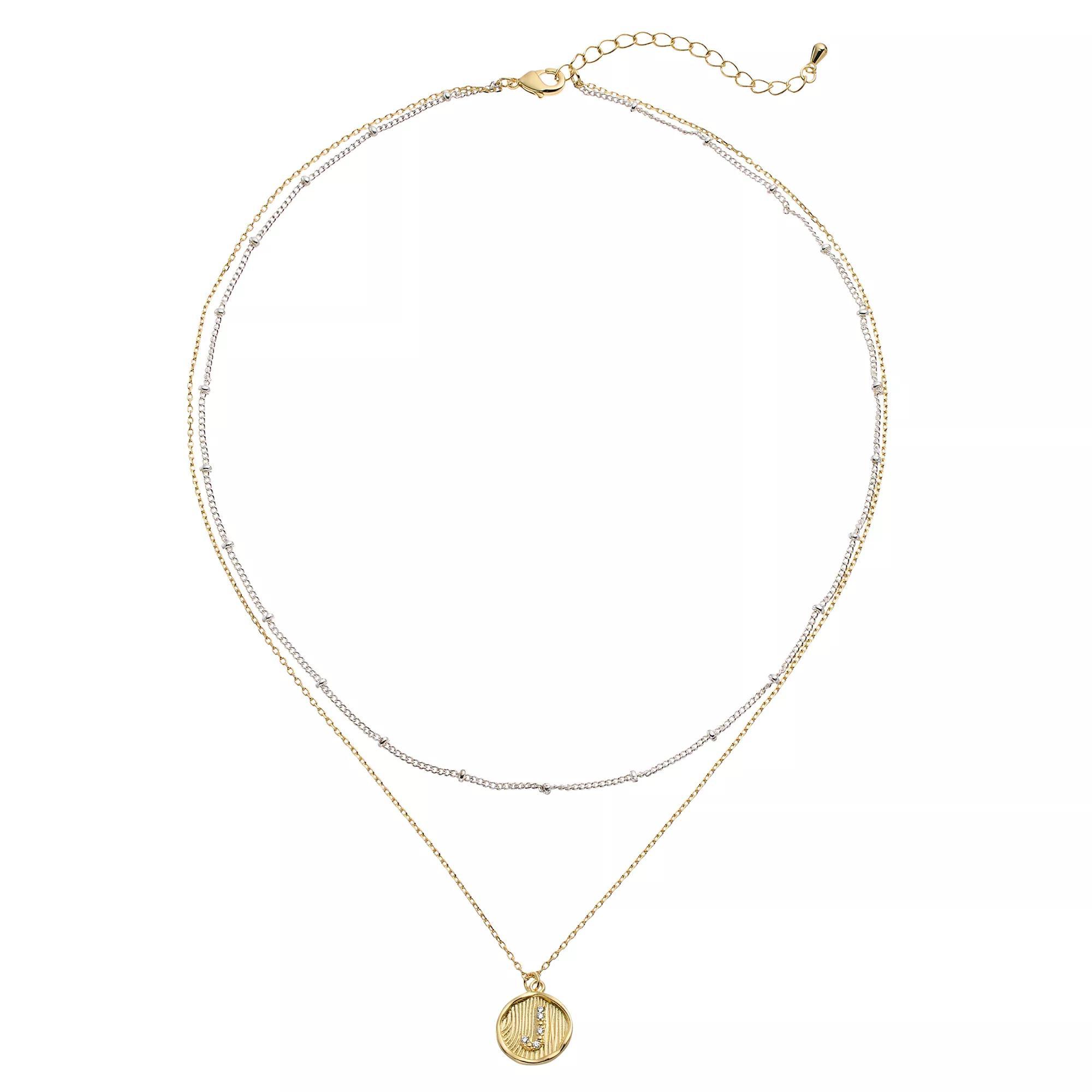 City Luxe Two Tone Layered Initial Disc Necklace with Cubic Zirconia, Women's, Size: 18", Two Tone S Product Image
