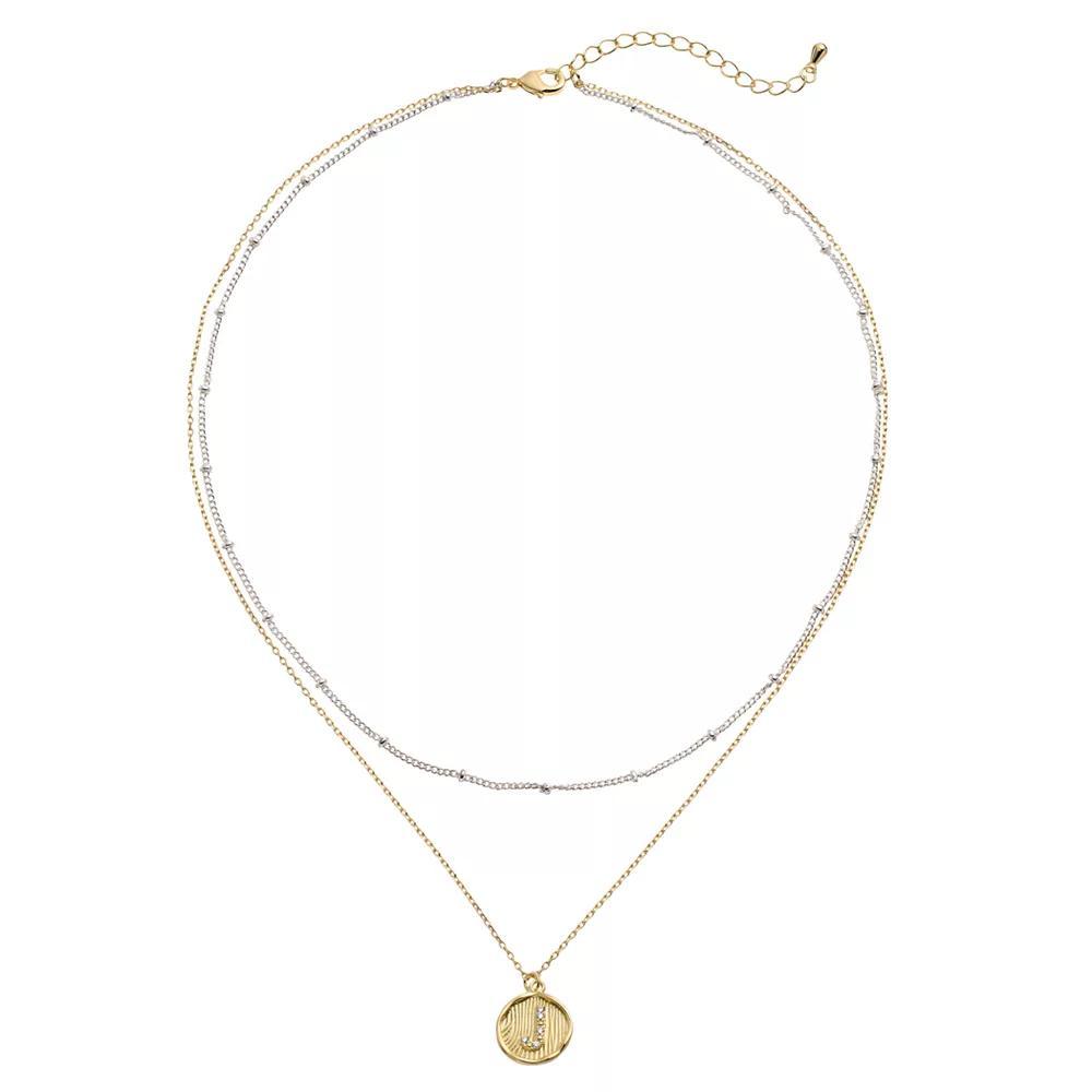 City Luxe Two Tone Layered Initial Disc Necklace with Cubic Zirconia, Women's, Size: 18", Two Tone S Product Image