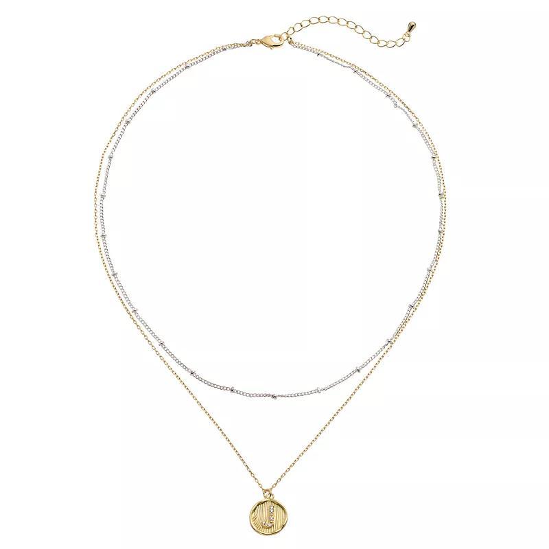 City Luxe Two Tone Layered Initial Disc Necklace with Cubic Zirconia, Women's, Size: 18", Two Tone S Product Image