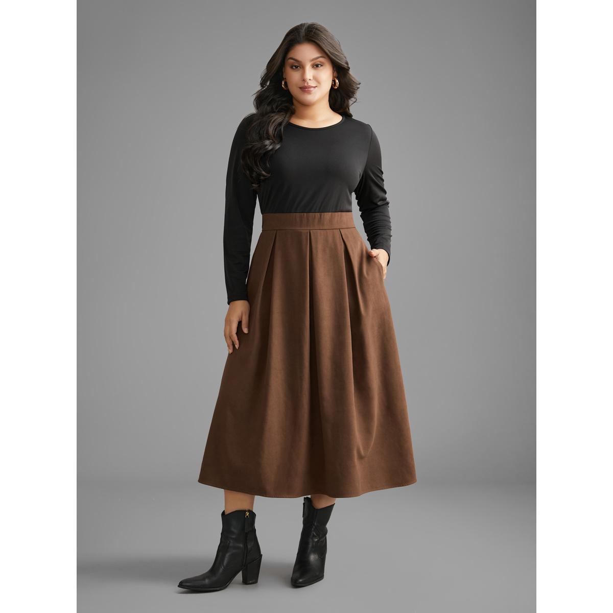 Plus Size Crew Neck Contrast Shirred Pleated Dress Browncoffeecolor Women Casual Contrast Round Neck Long Sleeve Curvy BloomChic 14-16/1X Product Image