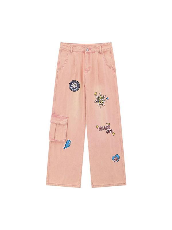 Graffiti Print Straight Cargo Jeans Product Image