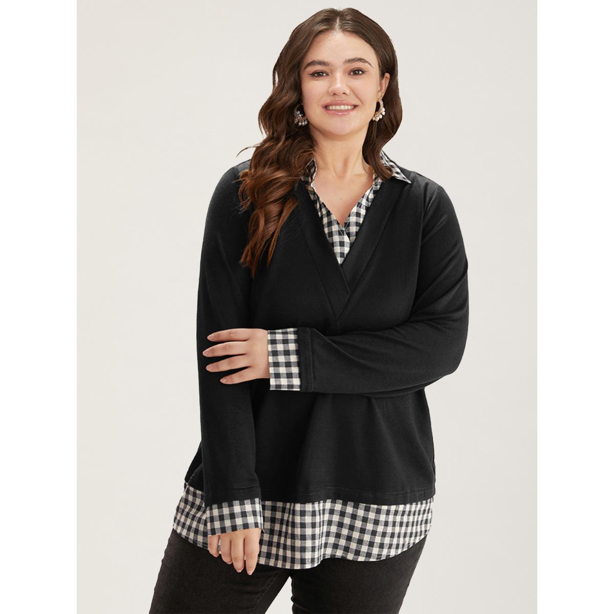 Plus Size Gingham Patchwork Shirt Collar Arc Hem Sweatshirt Women Black Casual Patchwork V-neck Everyday Sweatshirts BloomChic 10/M Product Image