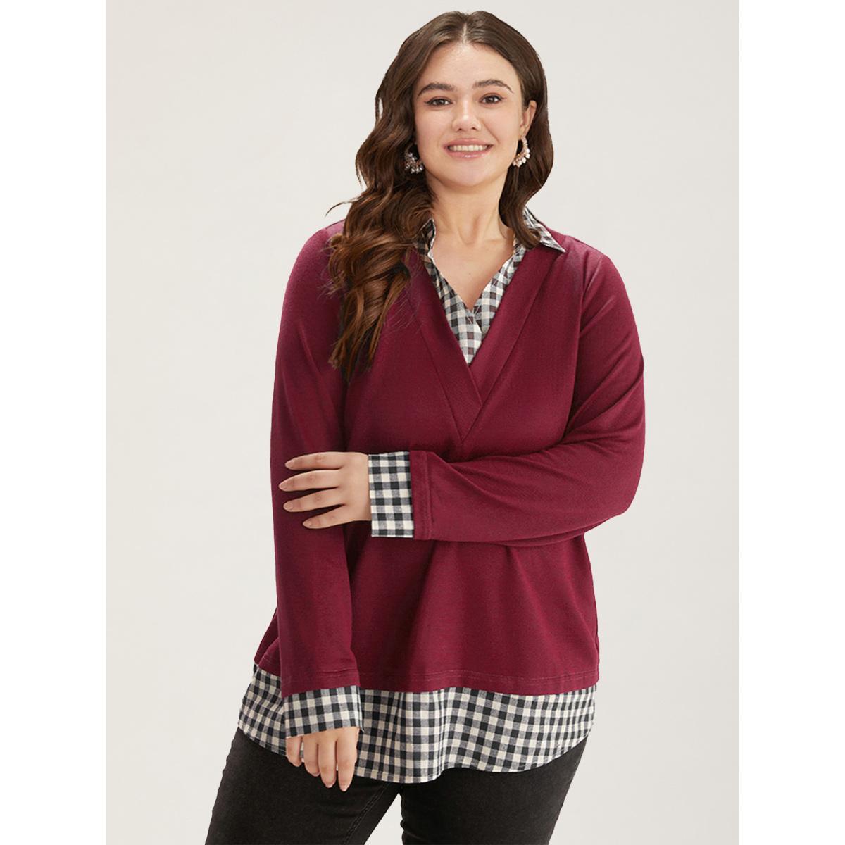 Plus Size Gingham Patchwork Shirt Collar Arc Hem Sweatshirt Women Scarlet Casual Patchwork V-neck Everyday Sweatshirts BloomChic 22-24/3X Product Image