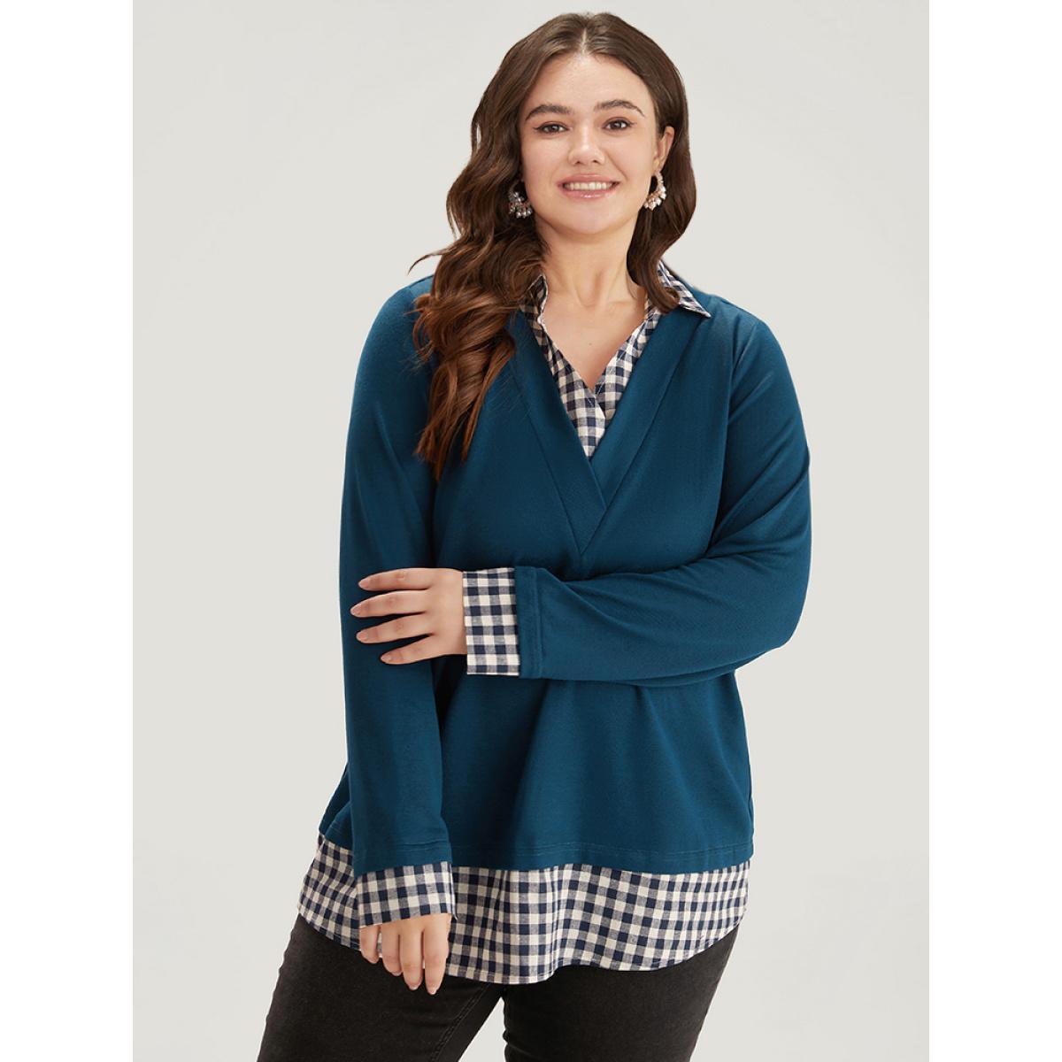 Plus Size Gingham Patchwork Shirt Collar Arc Hem Sweatshirt Women Blue Casual Patchwork V-neck Everyday Sweatshirts BloomChic 18-20/2X Product Image