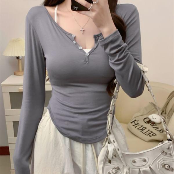 Set: Long Sleeve V-Neck Plain Button Tee + Camisole Top Product Image