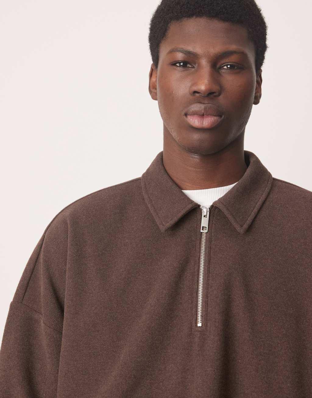 ASOS DESIGN oversized boxy brushed rib polo in brown Product Image