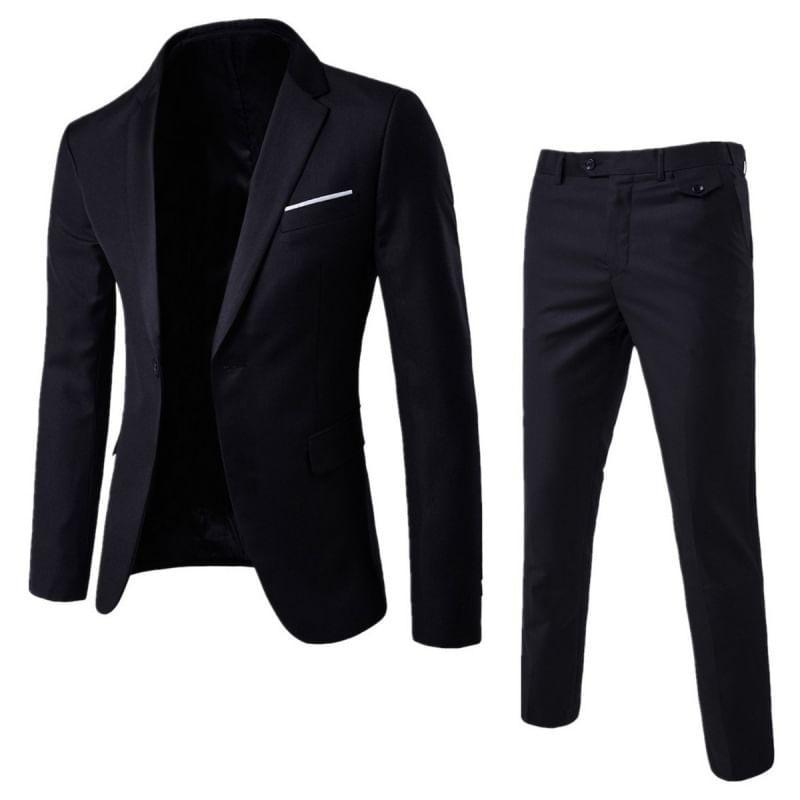 Set: Lapel Collar Contrast Trim One-Buttoned Blazer + Mid Rise Straight Leg Dress Pants Product Image