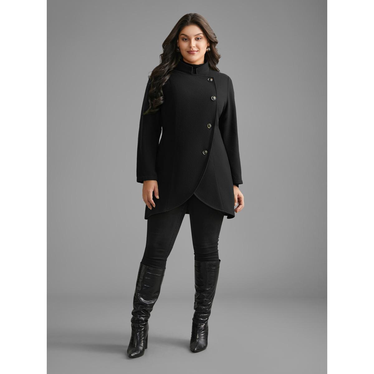 Plus Size Solid Wrap Button Up Asymmetrical Hem Coat Women Black Elegant Button Ladies Everyday Winter Coats BloomChic 30/6X Product Image
