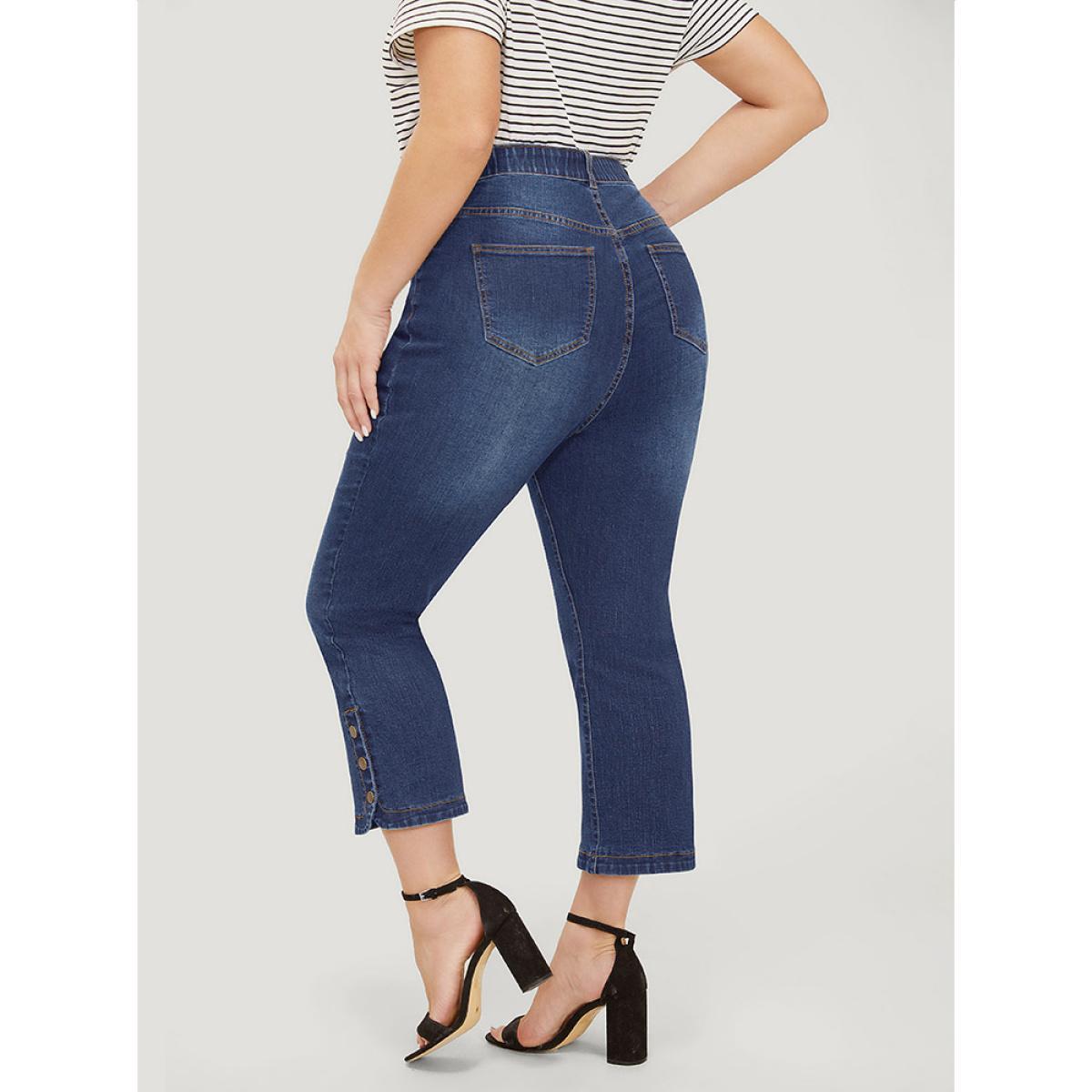 Plus Size Bootcut Very Stretchy High Rise Dark Wash Button Side Jeans Women DarkBlue Casual Plain Button High stretch Pocket Jeans BloomChic 22/3X Product Image