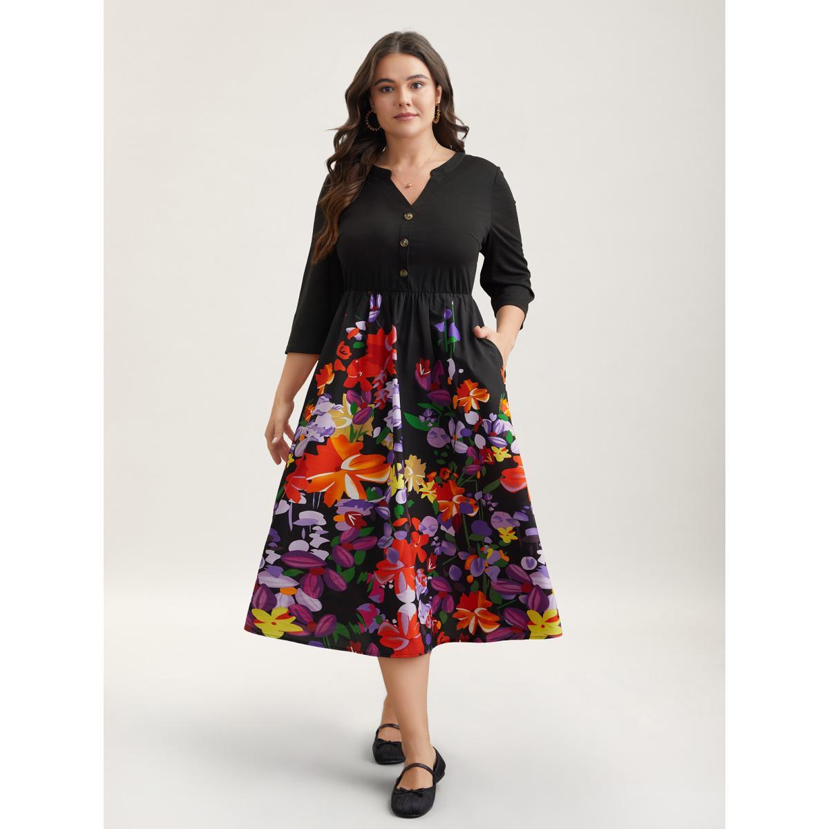 Plus Size Brush Stroke Flowers Notched Collar Dress Black Women Casual Button V-neck Elbow-length sleeve Curvy BloomChic 28/5X Product Image