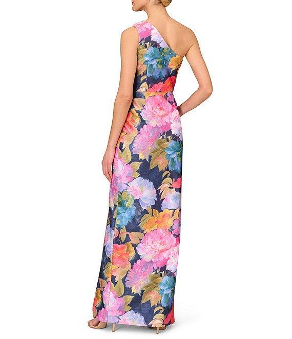 Aidan Mattox Floral One Shoulder Sleeveless Gown with Pleated Bodice and Front Slit Product Image