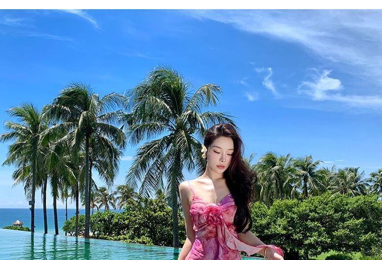 Spaghetti Strap V-Neck Floral Print Maxi A-Line Dress Product Image